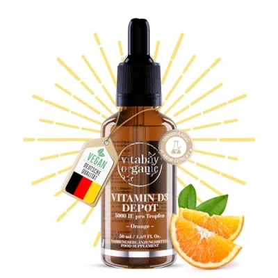 Obrázek Vitabay Kapky vitaminu D3 50 ml 1 500 veganských kapek vysoká dávka 5 000 IU osvěžující pomerančová příchuť laboratorně testováno a vyrobeno z vysoce kvalitních surovin