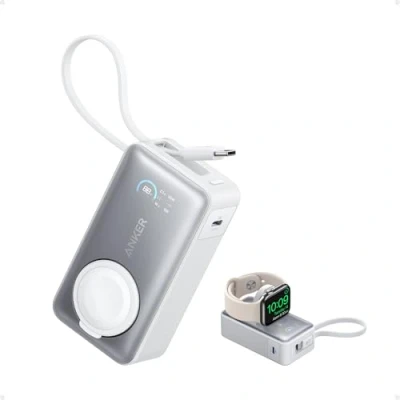 Obrázek Anker Powerbanka MagGo pro Apple Watch, oficiálně certifikovaná, kompaktní balení 10 000 mAh s integrovaným kabelem USB C, max. 35 W, iPhone 16, 15 série, iPad, AirPods a další