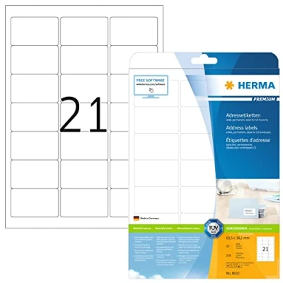 Obrázek HERMA 8632 adresní etikety, 10 listů, 63,5 x 38,1 mm, 21 archů A4, 210 kusů, samolepicí, potištěné, matné, prázdné papírové nálepky na adresu, bílé