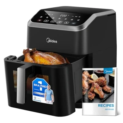 Obrázek Midea Horkovzdušná fritéza o objemu 7 l, technologie HeatXpress 90 % méně oleje, úspora energie a času se nastaveními, okna světlo, nepřilnavá, černá