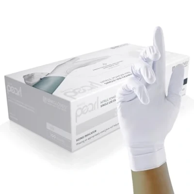 Obrázek UNIGLOVES White Pearl Nitril Untersuchungshandschuhe vielseitig einsetzbar, puderfreie und latexfreie Einweghandschuhe Box mit 100 Handschuhen, Weiß, Mittel (GP0023)