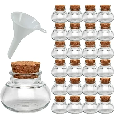 Obrázek 25 mini sklenic na korky/skleněné dózy 40 ml dárky pro hosty, koření atd. vč. žlutého plnicího trychtýře