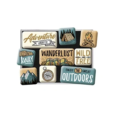 Obrázek Nostalgic Art Retro magnety na lednici, 9 kusů, Outdoor Adventure nápad dárek pro fanoušky kempování, magnetická sada magnetické tabule, vintage design