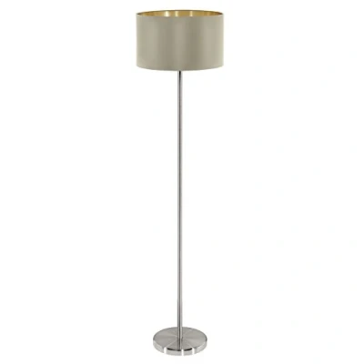Obrázek EGLO Stehlampe Maserlo, 1 flammige Textil Stehleuchte, Standleuchte aus Metall in Silber und Stoff Taupe, gold, E27 Fassung, inkl. Trittschalter