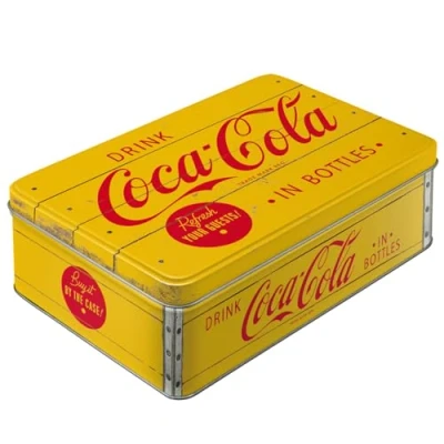 Obrázek Nostalgic Art Retro dóza na zásoby plochá, 2,5 l, Coca Cola Logo Yellow nápad dárek pro fanoušky Coke, plechová s víkem, vintage design