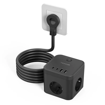 Obrázek TESSAN zásuvková lišta plochá zástrčka PD 20 W rychlonabíjení, 3násobná vícenásobná zásuvka se 2 USB C a A, kostka s vypínačem, prodlužovací kabel 1,5 m do