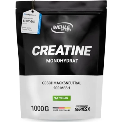 Obrázek Kreatin monohydrát 1 kg prášku čistého kreatinu mikronizované kvality Mesh 200 optimální vysoká dávka 100% veganský Wehle Sports (1000g)