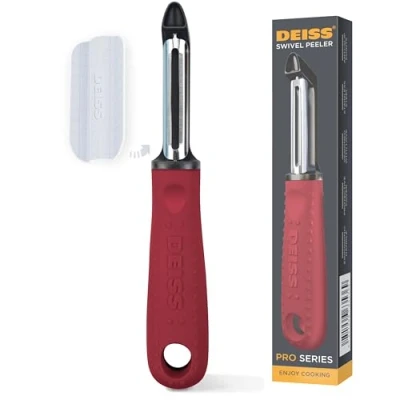 Obrázek Deiss PRO Swivel Gemüseschäler Scharfer Edelstahlschäler mit einfachem, rutschfestem Griff, Kartoffelschäler für die Küche, Obst, Karotte, Apfel, Gemüse, Kiwi, langlebig und spülmaschinenfest (RED)