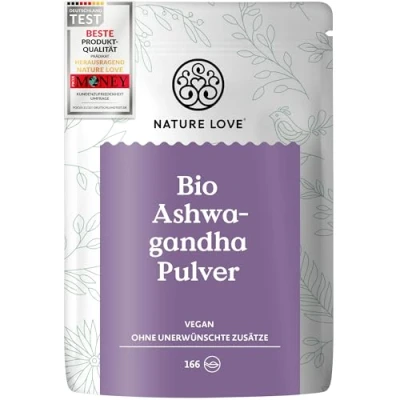 Obrázek NATURE LOVE® bio prášek Ashwagandha 500 g Withania Somnifera k přidání do smoothies, šťávy, zlatého mléka nebo měsíčního certifikovaný, veganský, bez nežádoucích přísad
