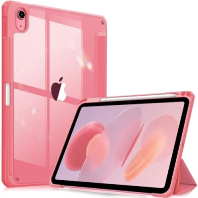 Obrázek Fintie Hybridní pouzdro pro iPad 10. Generace 2022 (10. 9 palců) s držákem pera ochranné odolné proti nárazu průhlednou tvrdou skořepinou na zadní straně, růžové