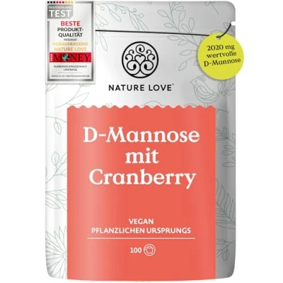 Obrázek NATURE LOVE® D mannosový prášek s brusinkou 250 gramů prášku pro rozpuštění ve vodě dosah 100 dní dávkovací lžící vysoké dávkování, veganské, laboratorně testováno a vyrobeno v Německu