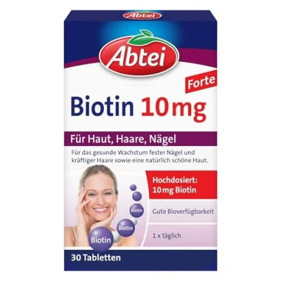 Obrázek Abtei Biotin 10 mg Forte na kůži, vlasy a nehty s biotinu vysoce dávkované, bez lepku, vhodné pro vegetariány 30 tablet