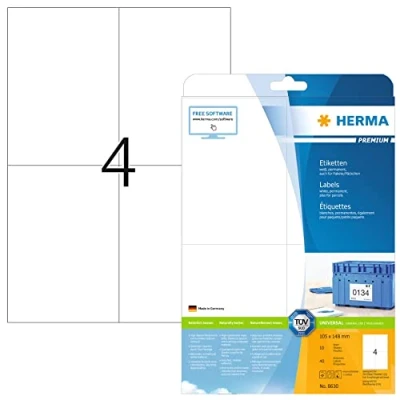 Obrázek HERMA 8630 přepravní etikety, 10 listů, 105 x 148 mm, 4 arch pro A4, 40 kusů, samolepicí, potiskovatelné, matné, prázdné papírové adresní štítky nálepky, bílé