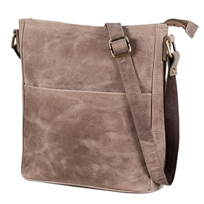 Obrázek LEABAGS Kožená kabelka dámská I prémiová pravá kůže taška přes rameno na nošení do práce univerzitu školy volný čas, Vintage šedohnědá, České, dekonstruované,