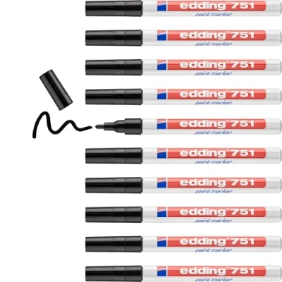 Obrázek edding 751 Lackmarker schwarz 10 Stifte Rundspitze 1 2 mm Lackstift zur Markierung und Beschriftung von Metall, Glas, Stein oder Kunststoff hitzebeständig, permanent, wischfest