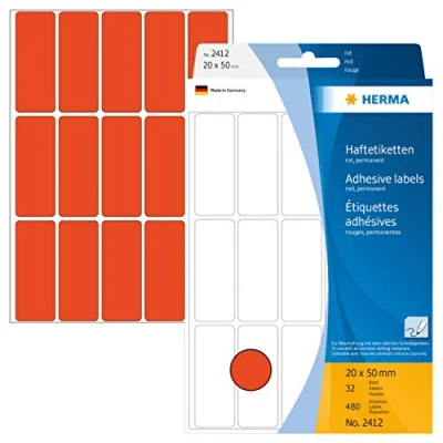 Obrázek HERMA 2412 víceúčelové etikety, 480 kusů, 20 x 50 mm, 15 na arch, samolepicí, štítky pro domácnost k popisování, matné, prázdné papírové lepicí etikety samolepky, červené