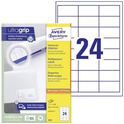 Obrázek AVERY Zweckform 3658 nálepky na adresu (2 400 lepicích etiket, 64,6 x 33,8 mm A4, papír matný, potiskovatelné etikety odesílatele, samolepicí adresní štítky s ultragrip) 100 listů, bílé