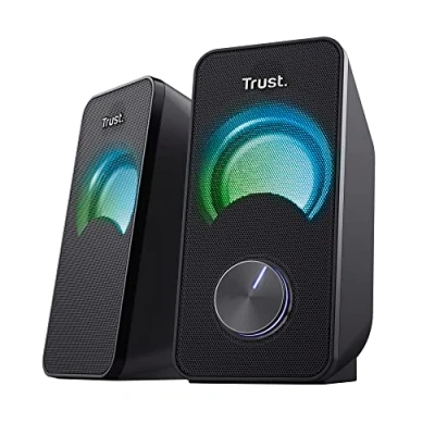 Obrázek Trust Arys 2.0 PC reproduktor s RGB LED osvětlením, 12 W (6 RMS), USB provoz, kompaktní sada reproduktorů, regulace hlasitosti, 3,5 mm AUX jack, počítačové boxy pro laptop černý