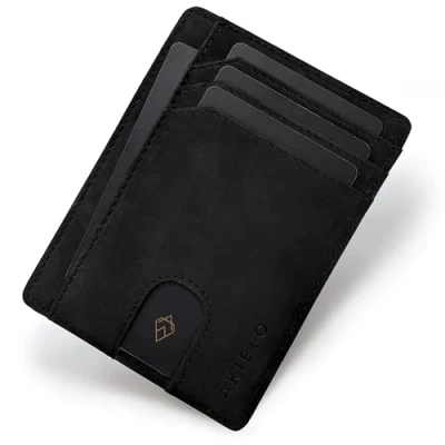 Obrázek AKIELO RFID blockerande Kreditkorthållare Och Presentlåda Ultra Slim Plånbok för Män Minimalistisk Kortplånbok (kolekce Bravo), 01. Černý výstup, Minimalistická