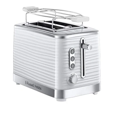 Obrázek Russell Hobbs Topinkovač [pro 2 plochy] Inspire bílý s vysoce kvalitní strukturou vysokým leskem (extra široké štěrbiny na toasty, vč. nástavce pečivo, 6 stupňů opečení + funkce rozmrazování a