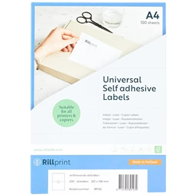 Obrázek Rillprint víceúčelové samolepicí etikety 200 kusů 210 x 148 mm 2 lepicí na list formátu A4 potiskovatelné a snímatelné univerzální nálepky adresu 100 listů, bílé