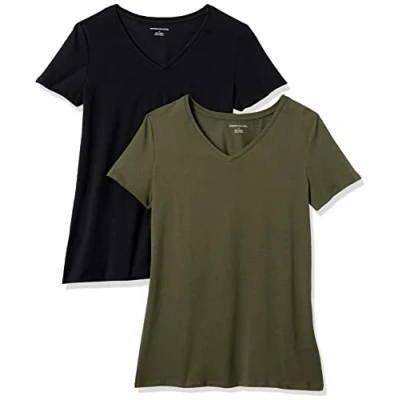 Obrázek Amazon Essentials Dámské tričko s krátkým rukávem výstřihem do V, klasický střih, balení 2 ks, olivově zelená/černá, XS