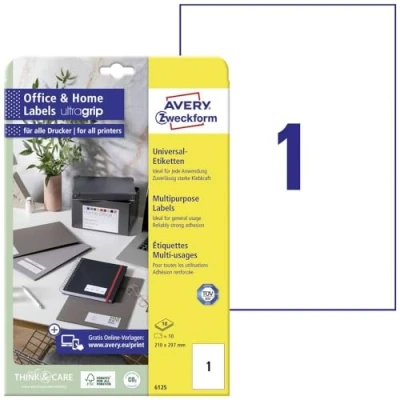 Obrázek AVERY Zweckform 6125 univerzální etikety (10 lepicích štítků, 210 x 297 mm na A4, potištěné adresní nálepky, samolepicí přepravní štítky s ultragripem, ideální pro HomeOffice) 10 listů, bílé