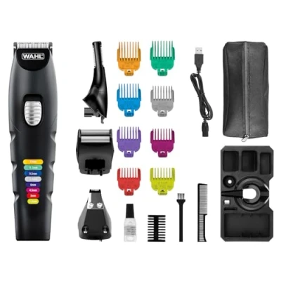 Obrázek Wahl Color Trim Advanced Multigroomer, inovativní barevně kódované vodicí hřebeny, provozní doba 240 minut, USB nabíječka, ideální pro posilovnu a cestování, precizně broušené čepele