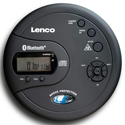 Obrázek Lenco CD 300 přenosný přehrávač Walkman Bluetooth Diskman funkce MP3 Antishock baterie 2 x 2000 mAh sluchátka Micro USB nabíjecí kabel černý