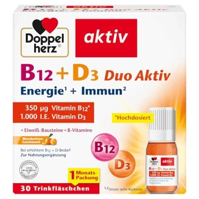 Obrázek Doppelherz B12 + D3 Duo aktivní vysoká dávka vitamínu na podporu normální funkce imunitního systému 30 lahviček s pitím, tekutina
