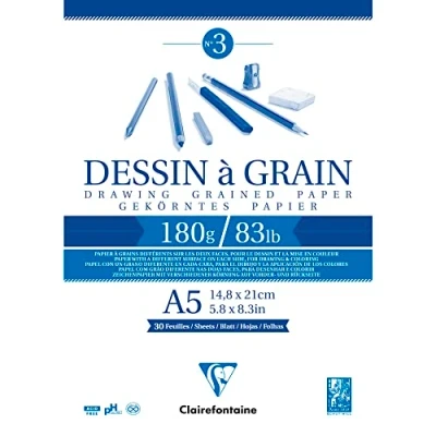 Obrázek Clairefontaine 96626C kreslicí blok Dessin à grain, zrnitý papír, 30 listů, 180 g, DIN A5, 14,8 x 21 cm, ideální pro výuku umění, lepený, bílý, 1 kus