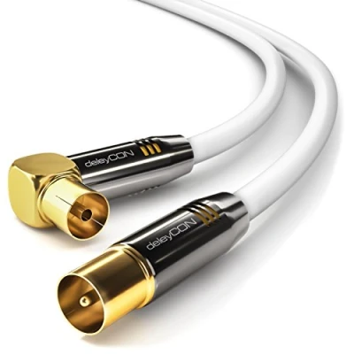 Obrázek deleyCON 1m 4K TV anténní kabel Ultra HD Full HDTV 1x závitový koaxiální IEC konektor (přímý) k zásuvce (90 stupňů) kovový bílý