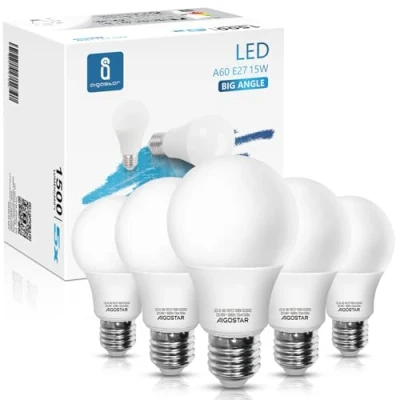 Obrázek Aigostar LED E27 studená bílá 15W žárovka 6500 K 1500 lumenů úhel vyzařování 280 stupňů A60 žárovky kapky 5 kusů energeticky úsporné