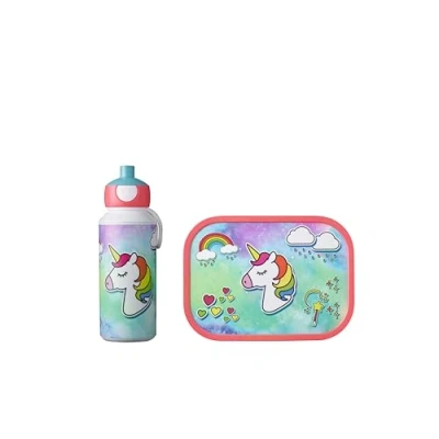 Obrázek Mepal Lunch Set Campus Sada na oběd pro děti s Pop up láhev pití &amp; obědový box do školy nebo cesty vhodná myčky nádobí bez BPA 400 ml + 750 Unicorn