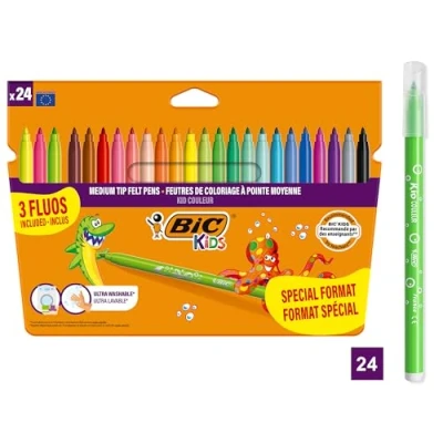 Obrázek BIC Kids 921360 Dětské barevné popisovače (fixy) Střední hrot (24 rozmaňitých barev, v praktickém cestovním pouzdře) 24 kusů