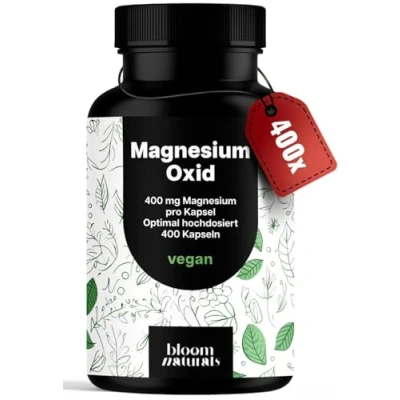 Obrázek Hořčík 400 mg kapsle ve vysokých dávkách kapslí oxidu hořečnatého v jedné kapsli, veganské a vyrobeno Německu laboratorně testováno