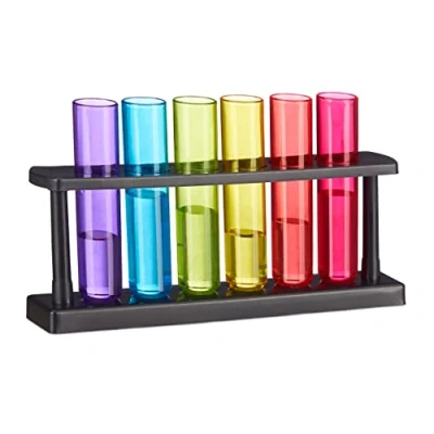 Obrázek Relaxdays, Pestré sklenice na zkumavky Shots, 6 vtipných skleniček pálenku se stojanem, 4 cl, testovací tuby focení, plast, 6dílná sada