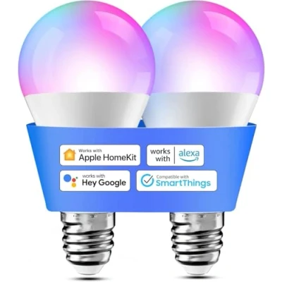 Obrázek Chytrá sada 2 LED žárovek kompatibilní s HomeKit, Siri, Alexa, Google Home a SmartThings, E27 RGBWW Wi Fi žárovka, stmívatelná, vícebarevná, hlasovým ovládáním dálkovým