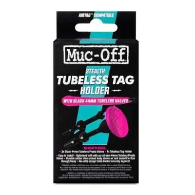Obrázek Muc Off Unisex Adult Stealth AirTag Holder &amp; Tubeless Valves Kit, Pink/Black, One Size