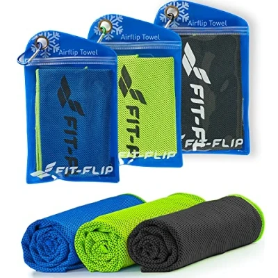 Obrázek Fit Flip chladicí ručník sada 3 ks a z mikrovlákna chladivý Airflip pro fitness sport Ice Towel (zelená/tmavě modrá/šedá, 100 x 30 cm)