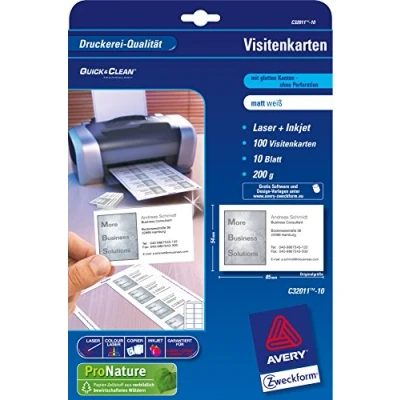 Obrázek AVERY Zweckform C32011 500 předtisknutelné vizitky Superior, prázdné (5 000 kusů, 200 g, 85 x 54 mm, jednostranně potisknutelné, matné bílé, listů) vhodné pro předtiskové metody, 5 karet