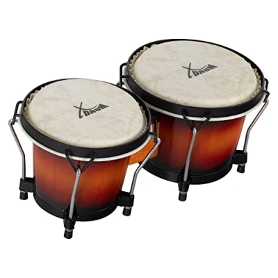 Obrázek XDrum PERC Bongos Club vínově červené 2 bubny s 6&quot; a 7&quot; bongotrommule ladícími přírodními kožešinami ladicím klíčem dřevěné Vintage Sunburst