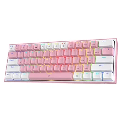 Obrázek Redragon K617 Fizz 60% kabelová klávesnice RGB, 61 kláves Kompaktní mechanická s růžovými a bílými tlačítky, lineární červený spínač, podpora software
