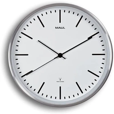 Obrázek Maul Rádiové nástěnné hodiny MAULfly Ø 30 cm z minerálního skla automatické nastavení času úzký rám hliníku v moderním designu do kanceláře, domácí kanceláře a obytného