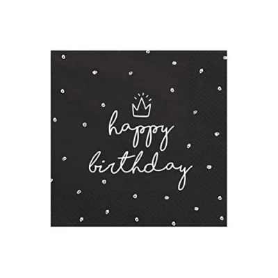 Obrázek PartyDeco ubrousky Happy Birthday 20 kusů 33 x cm 1/4 skládané 3vrstvé papírové narozeniny černé