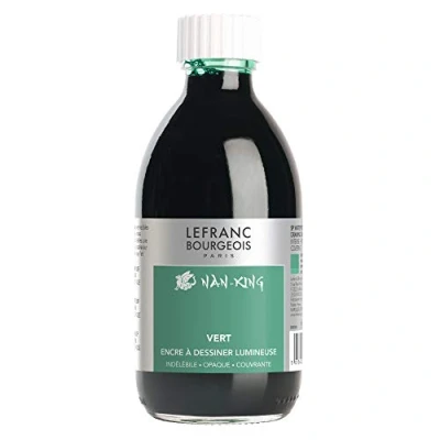 Obrázek Lefranc Bourgeois 059096 Nan King kaligrafie a kreslicí tuš, pigmentovaná vysoká zářivost barev, svítivost pro nejjemnější kresby, kaligrafii skicování, láhev 250 ml zelená
