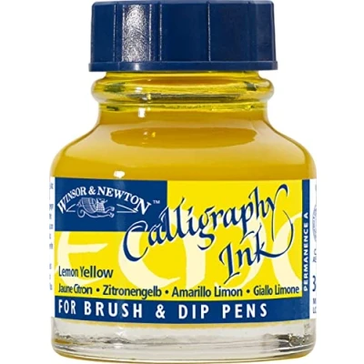 Obrázek Winsor &amp; Newton 1111345 kaligrafické tušení (pro plnicí pero nebo psací pera, vzájemně míchatelné, stálobarevné) 30 ml láhev citronově žlutá