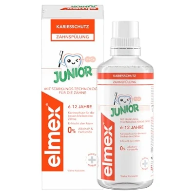Obrázek elmex Výplach zubního kazu Junior 6 12 let 400 ml čištění zubů s obsahem fluoridů odpovídajícím věku účinně chrání nové, trvalé zuby před kazem příchutí máty