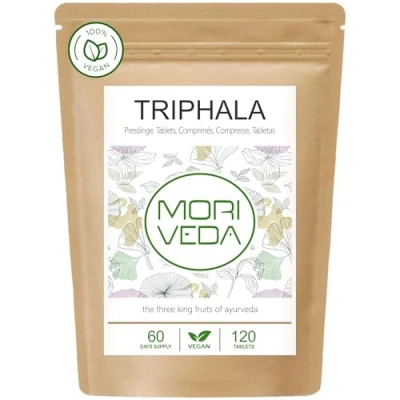 Obrázek Trysky Triphala 1000 mg (120 nebo 360 kusů) Ayurveda královské plody Amla (Amalaki), Hiritaki, Bibhitaki kvalitní produkt od MoriVeda tabs)