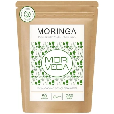 Obrázek Moringa prášek 250 g veganský a bezlepkový listový z mikrojemného listu Oleifera obsahuje vitamíny, proteiny, aminokyseliny, mikroživiny s nejvyšší biologickou dostupností od MoriVeda 1